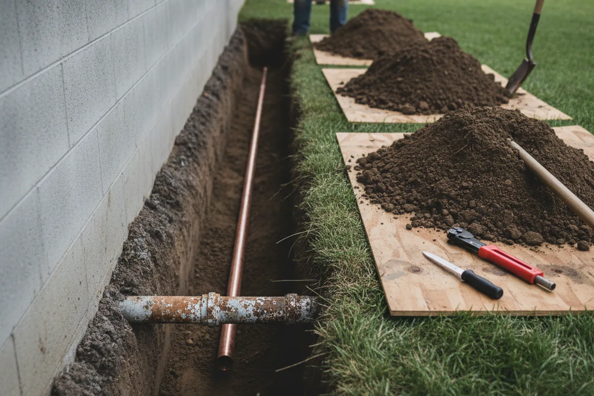 Excavated water line trench during Sewer Line Repair in Castleton